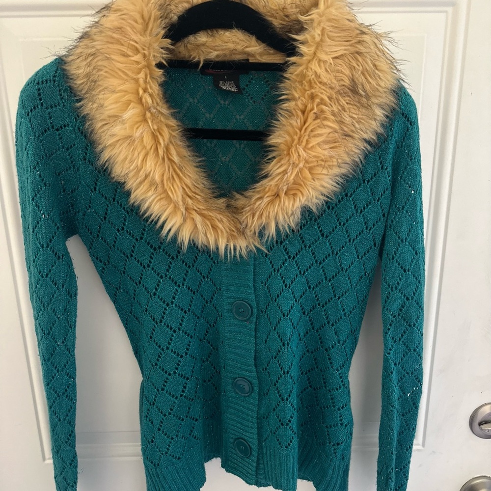 Takeout Green and Tan Cardigan with Faux Fur Collar